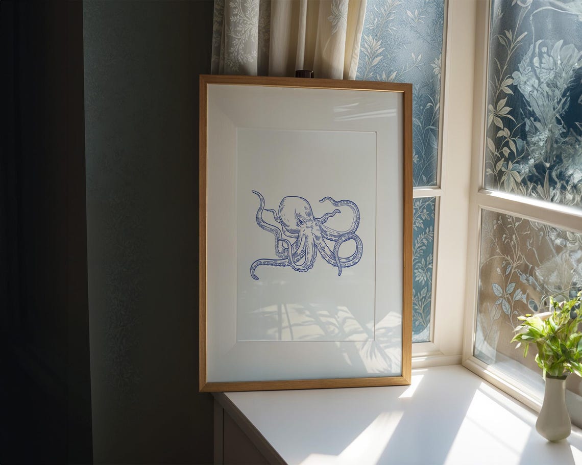 Blue Line Art Octopus with Curling Tentacles Sea Creature Poster - Image 2