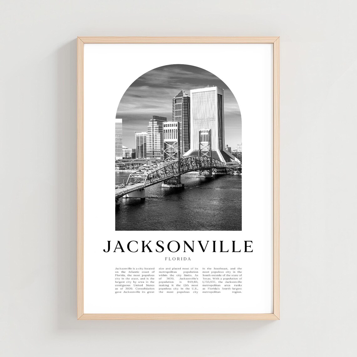 Jacksonville Florida Black and White Riverfront Skyline Arch Photo Poster