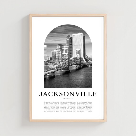 Jacksonville Florida Black and White Riverfront Skyline Arch Photo Poster