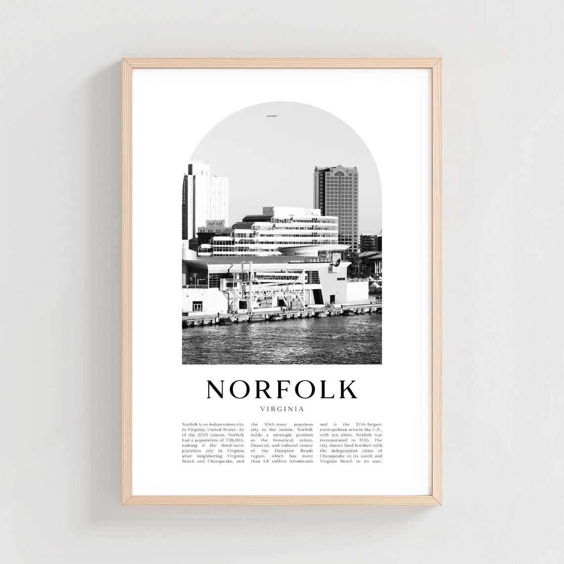 Norfolk Virginia Waterfront Skyline Black and White City Photo Poster