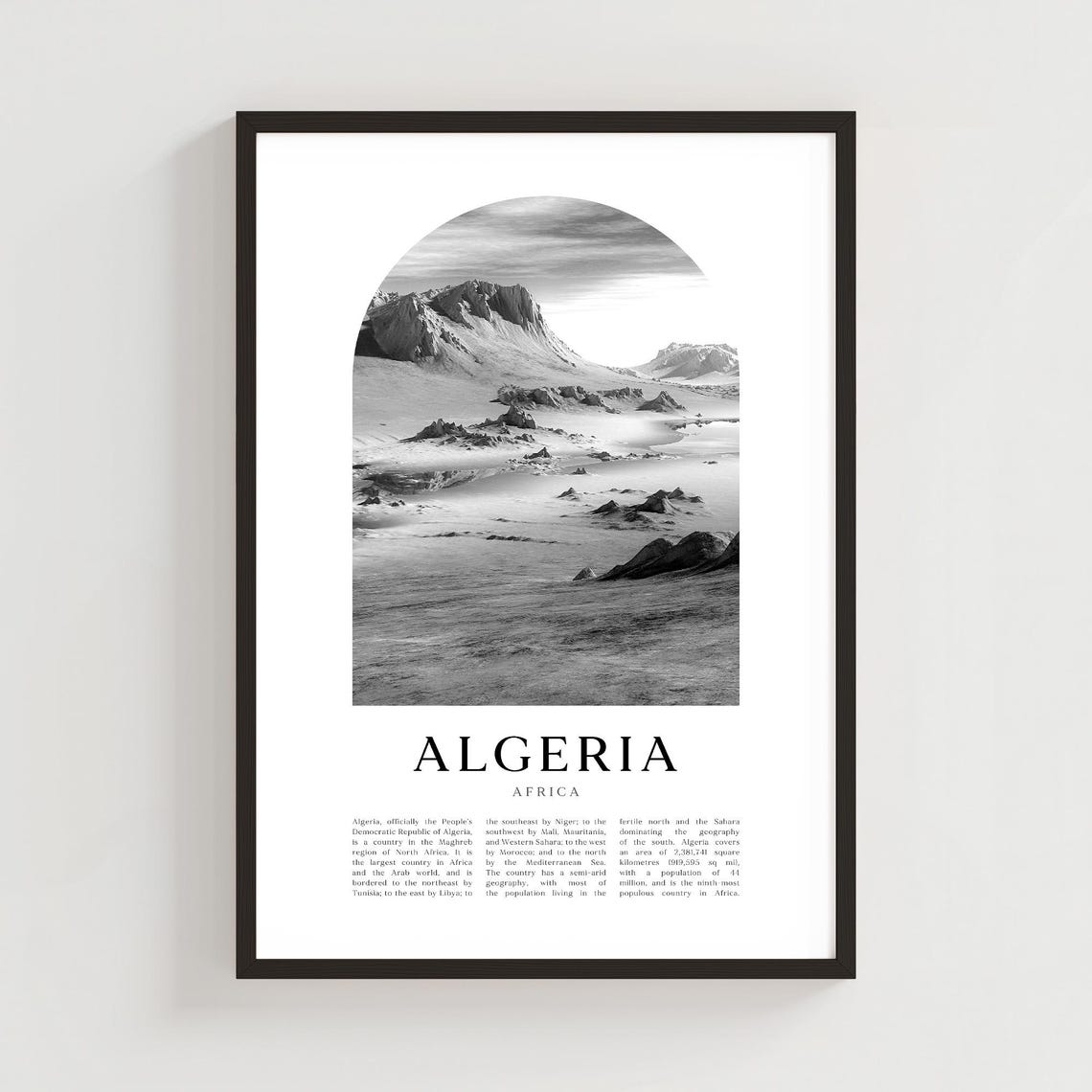 Algeria Sahara Desert Rocky Mountains Black and White Poster
