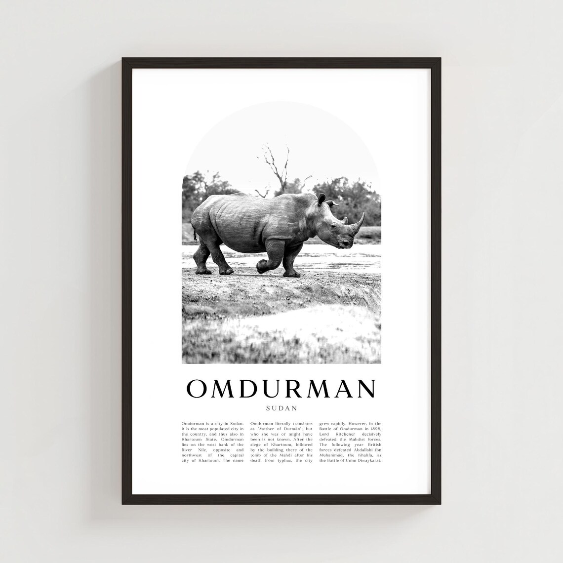 Omdurman Sudan Black And White Rhino Photography Travel Poster