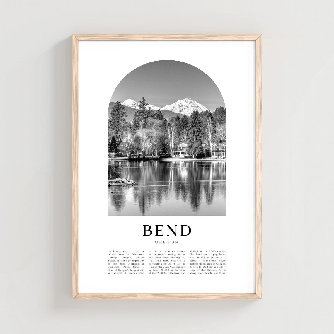 Bend Oregon Mirror Lake Snowy Mountain Black White Travel Poster
