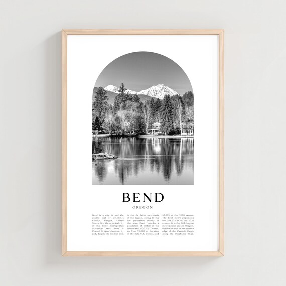 Bend Oregon Mirror Lake Snowy Mountain Black White Travel Poster