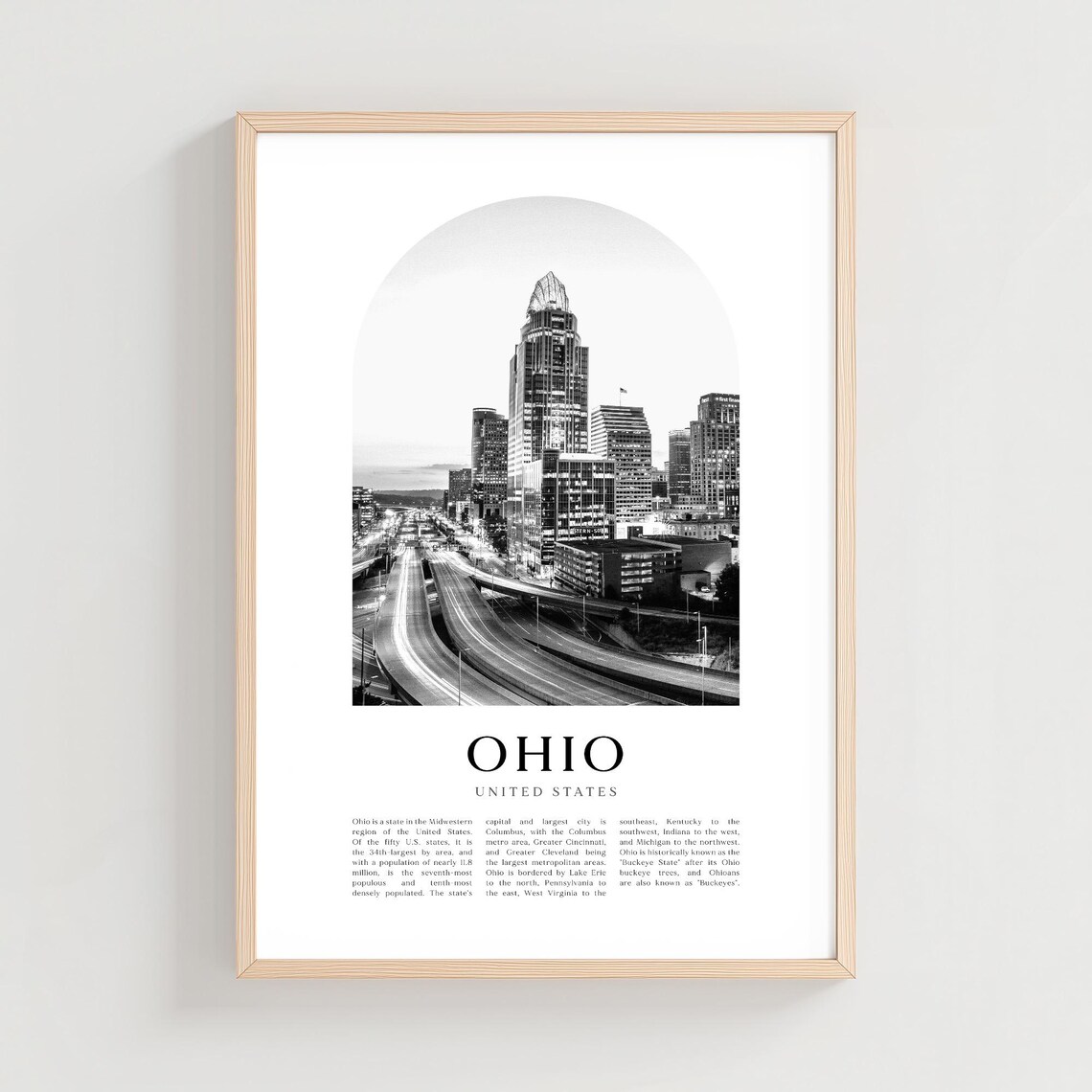 Ohio Cincinnati Skyline Black White Photo United States Travel Poster
