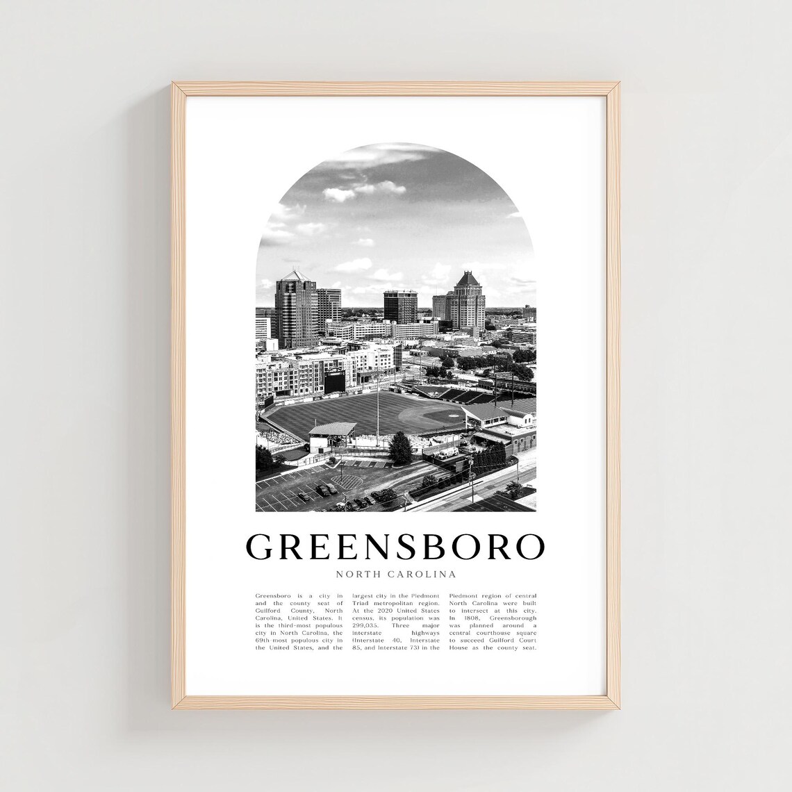 Greensboro North Carolina Minimalist Black and White Skyline City Print