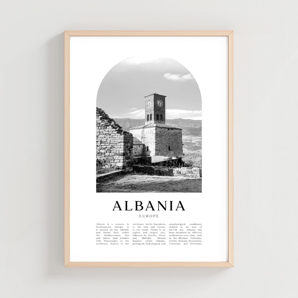 Albania Old Stone Clock Tower Black White Arch Photography Print