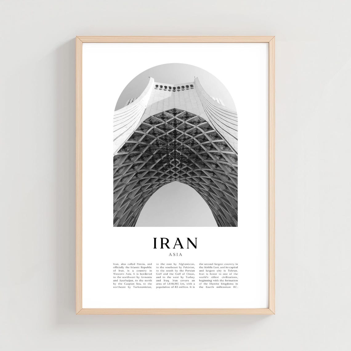 Iran Azadi Tower Black and White Architecture Photo Travel Poster