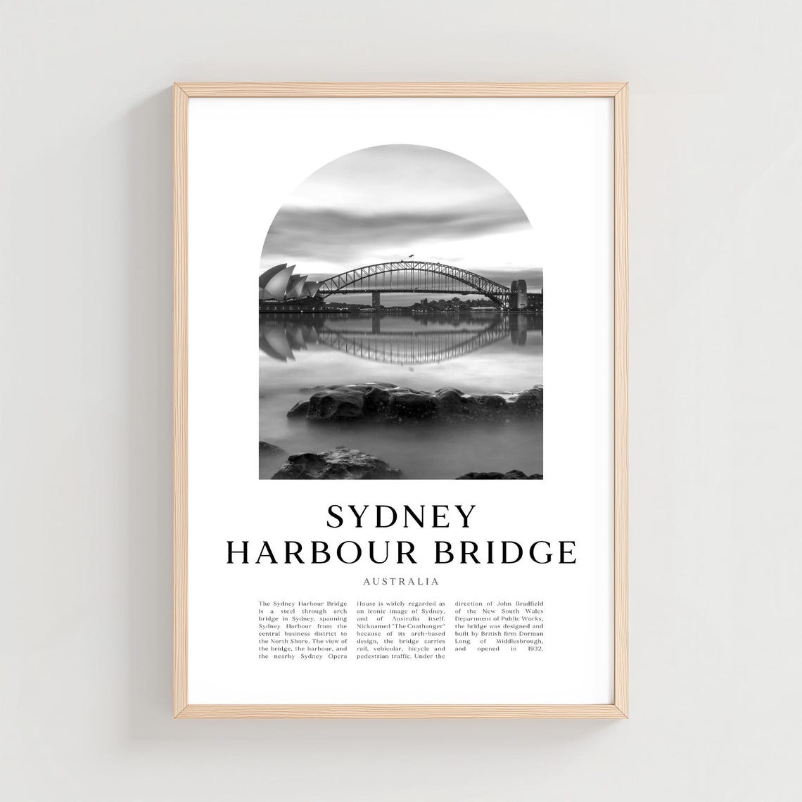 Sydney Harbour Bridge Dusk Black and White Travel Photography Poster