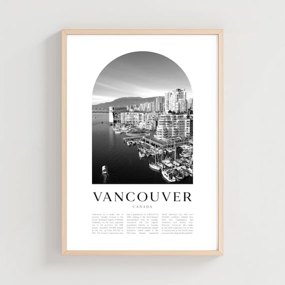 Vancouver Canada Black and White Harbor Marina Photo Poster Skyline
