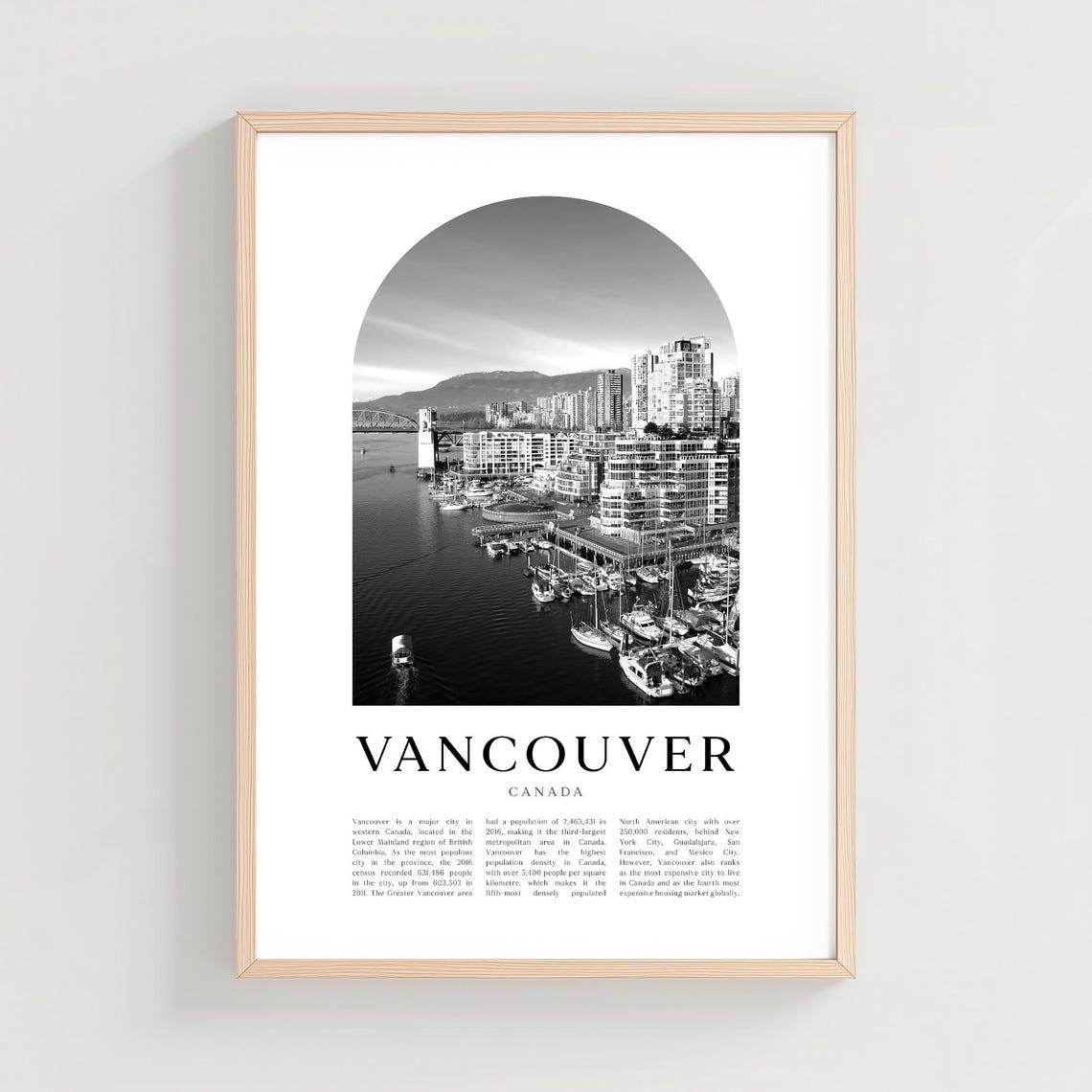Vancouver Canada Black and White Harbor Marina Photo Poster Skyline