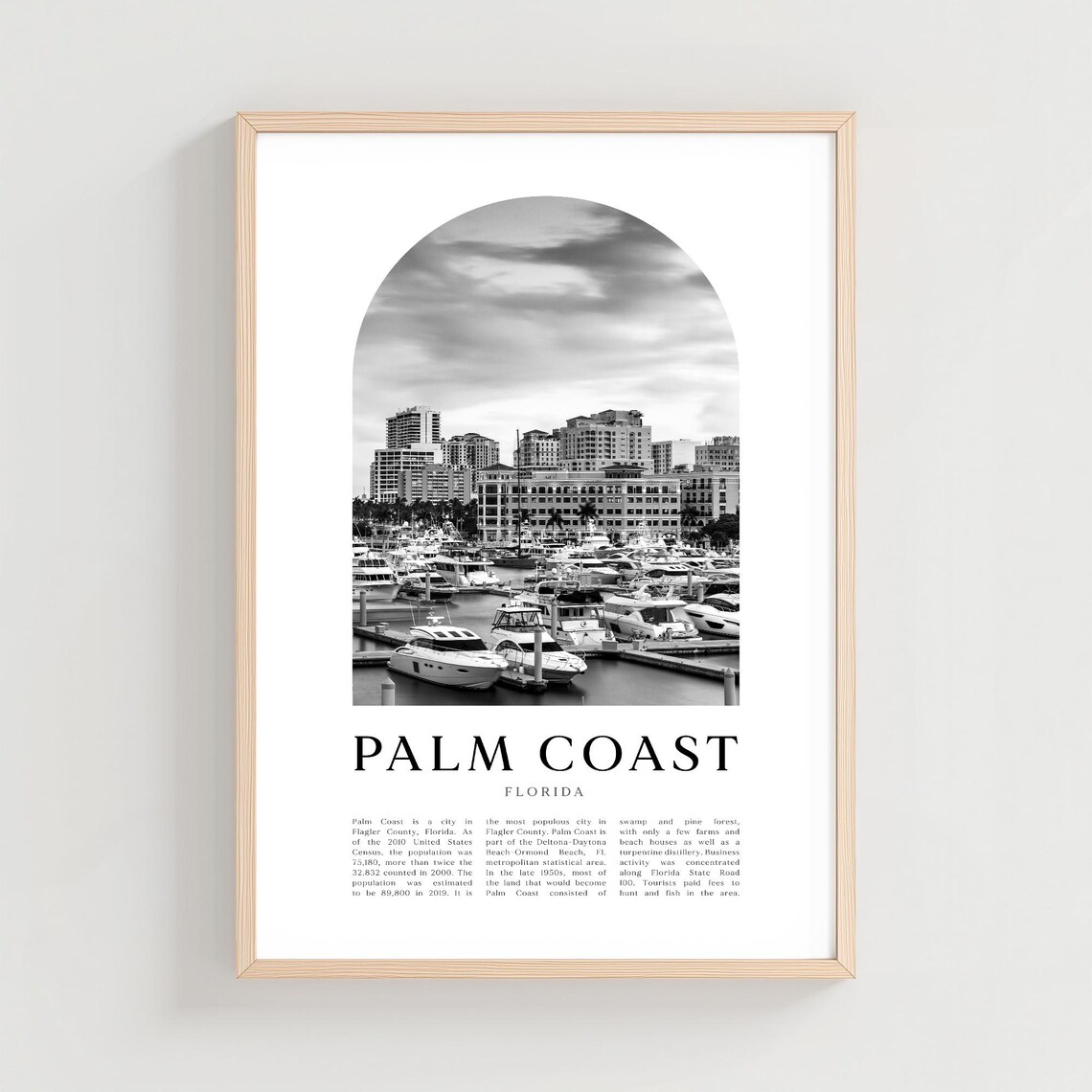 Palm Coast Florida Marina Black and White Photography Wall Poster