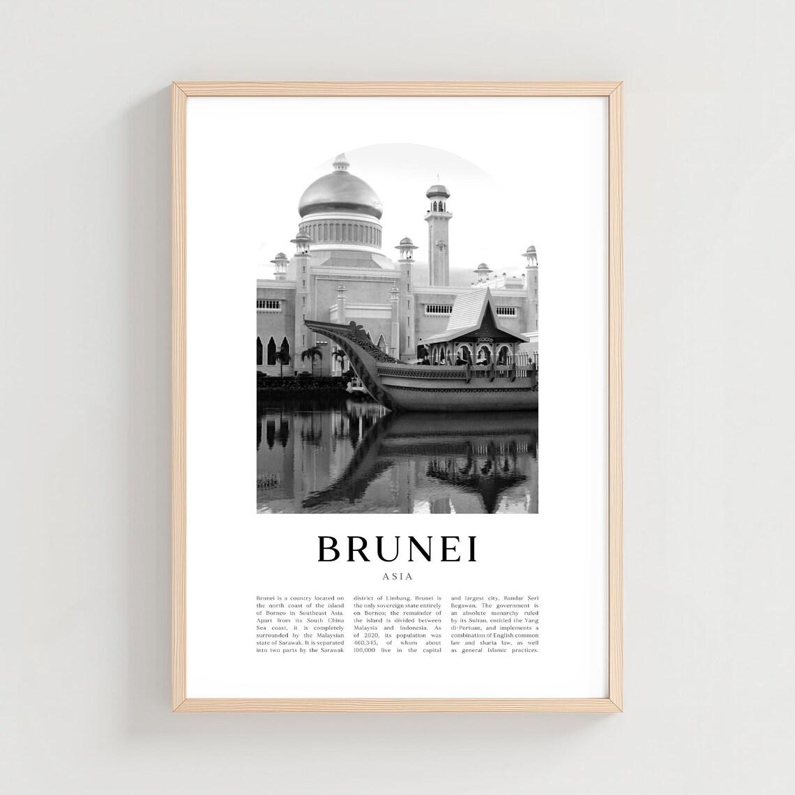 Brunei Asia Mosque By The Water Black White Photography Print