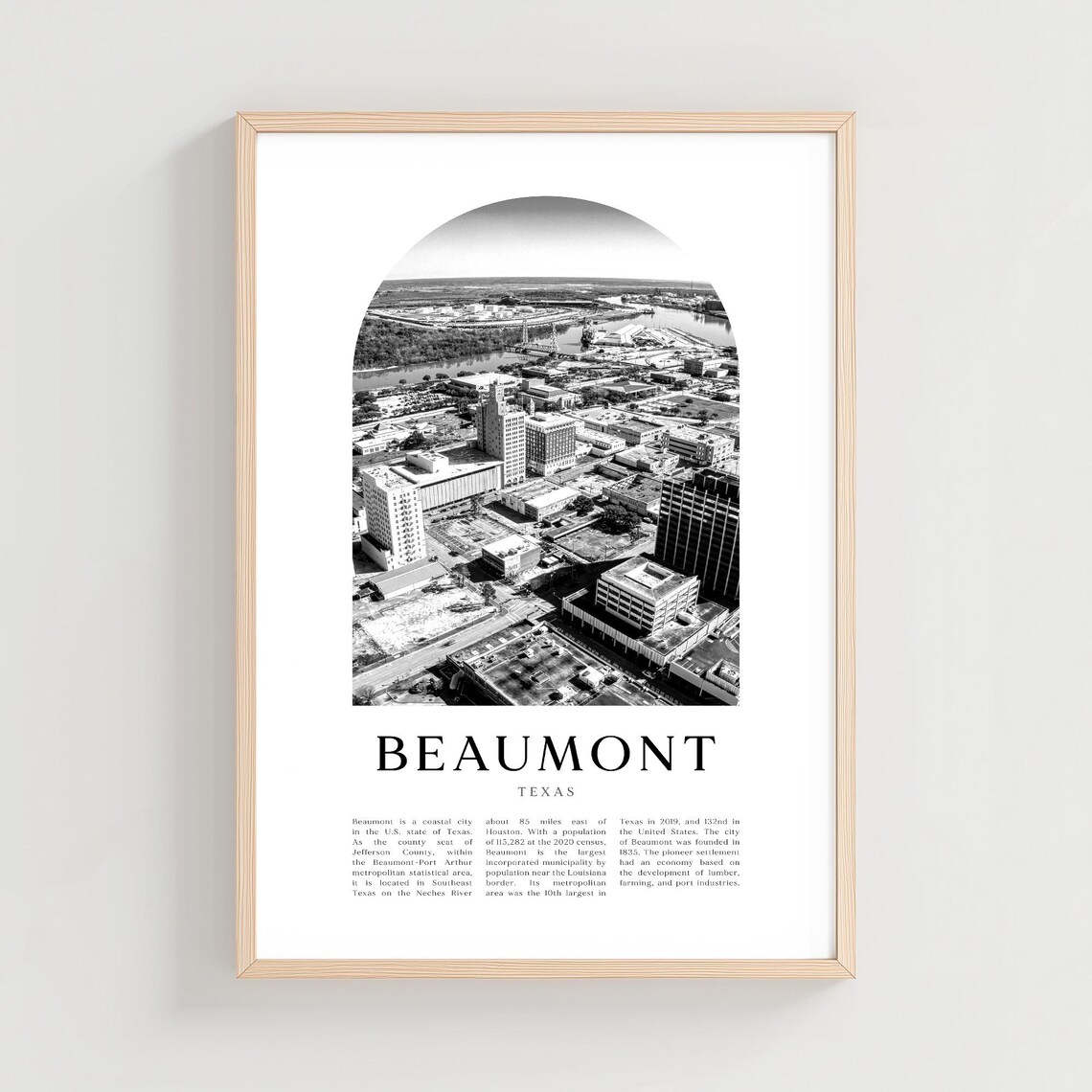 Beaumont Texas Downtown Aerial Black and White Travel Poster