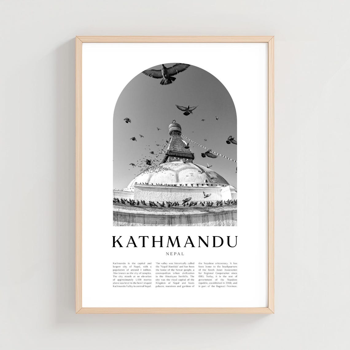 Kathmandu Nepal Boudhanath Stupa Birds Black White Photo Print