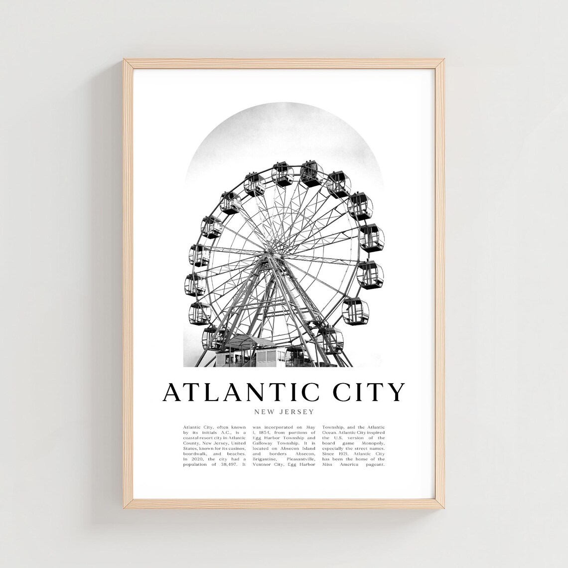 Atlantic City New Jersey Ferris Wheel Black White Vintage Poster