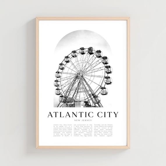 Atlantic City New Jersey Ferris Wheel Black White Vintage Poster