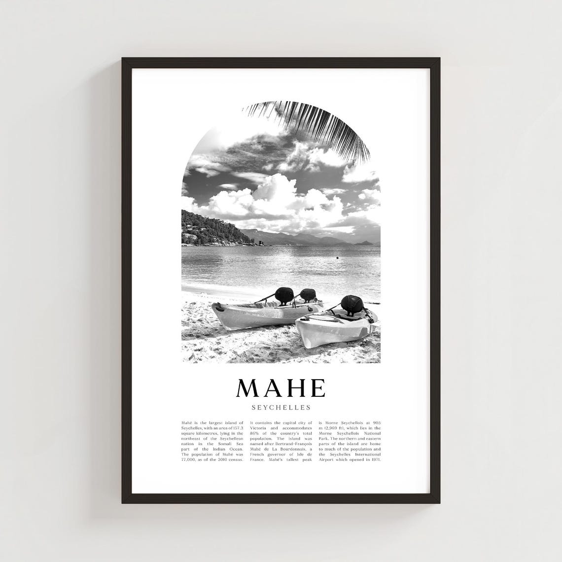 Mahe Seychelles Black White Kayak Beach Arch Photography Travel Poster