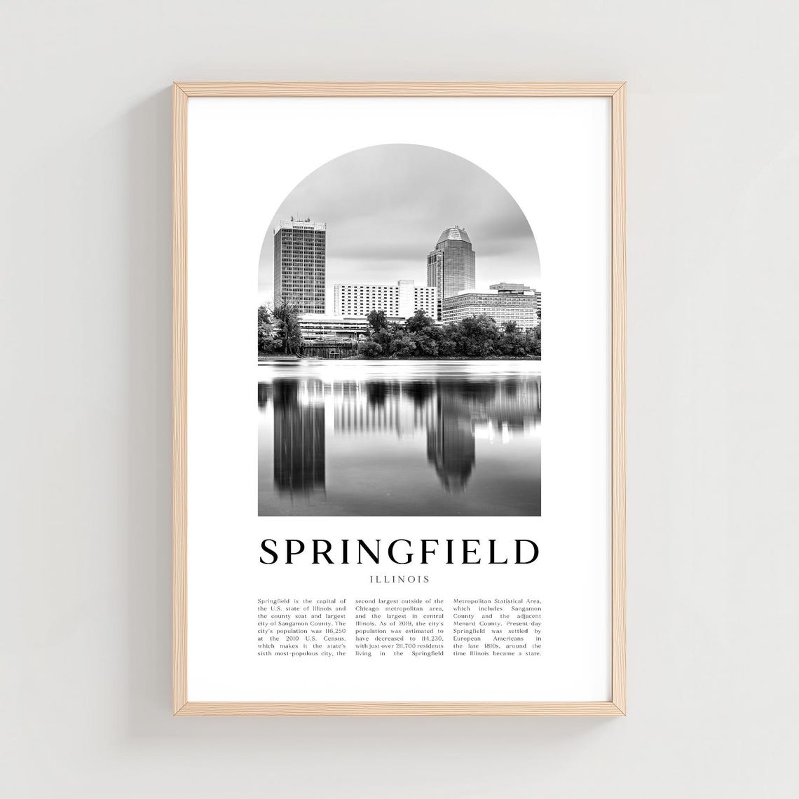 Springfield Illinois Black and White Skyline Water Travel Poster