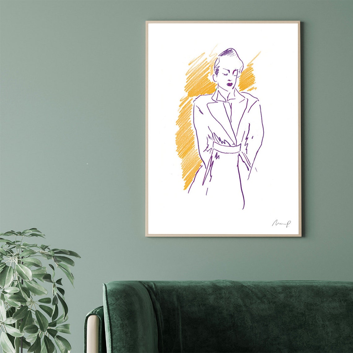 Poised Fashion Illustration Woman Belted Coat Crayon Style Poster - Image 3