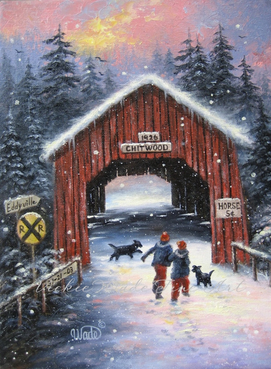 Snowy Chitwood Covered Bridge With Two Boys And Black Dogs Poster