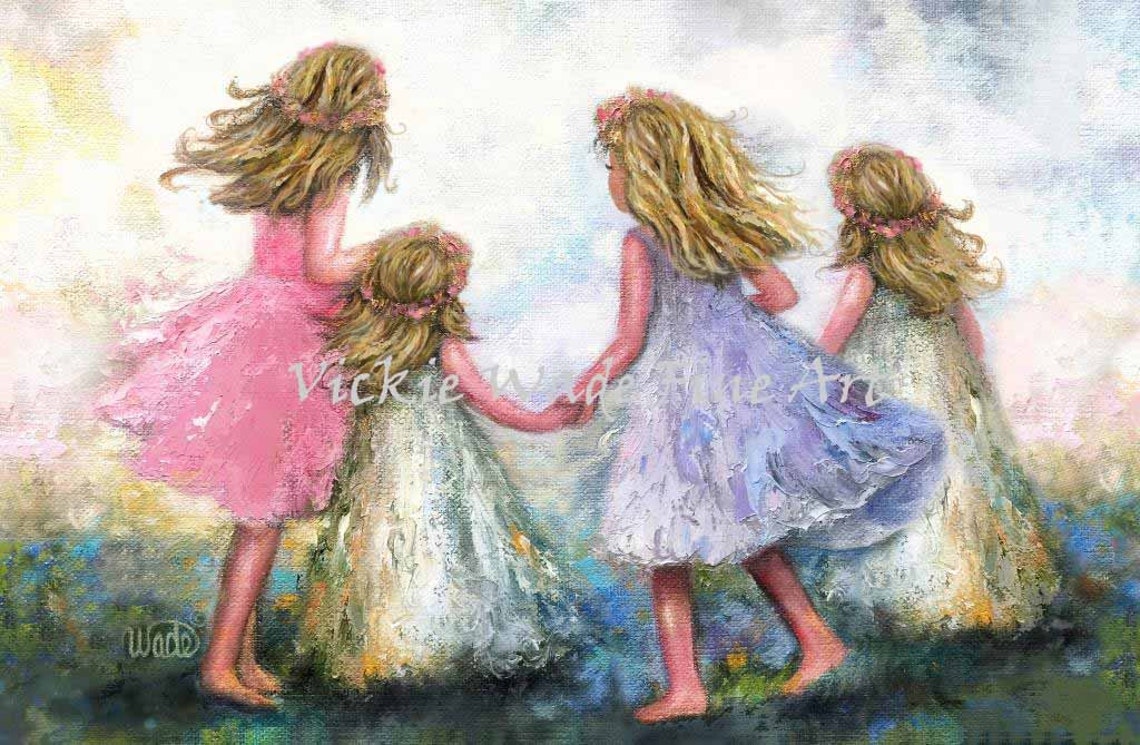 Four Blonde Girls with Flower Crowns Dancing in a Circle Poster