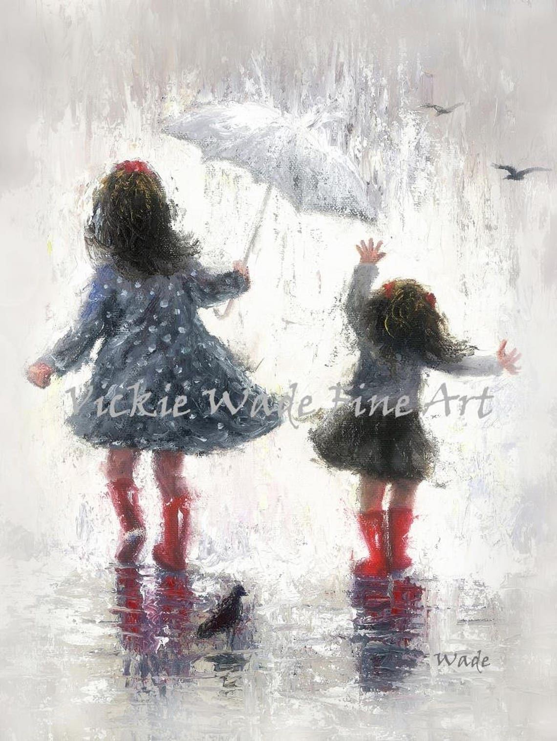 Sisters Art Print Two Girls Two Sisters Rain Sisters Girls Bedroom Art Navy Blue And Red Girls Room Wall Art Vickie Wade Art