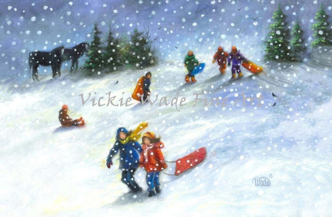 Children Sledding Down A Snowy Hill On A Winter Snow Day Poster