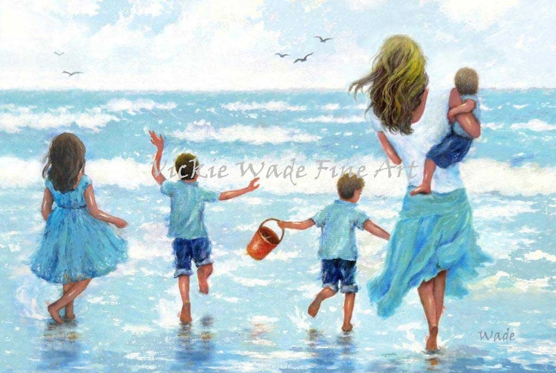 Mother With Four Children Splashing Together at the Beach Poster