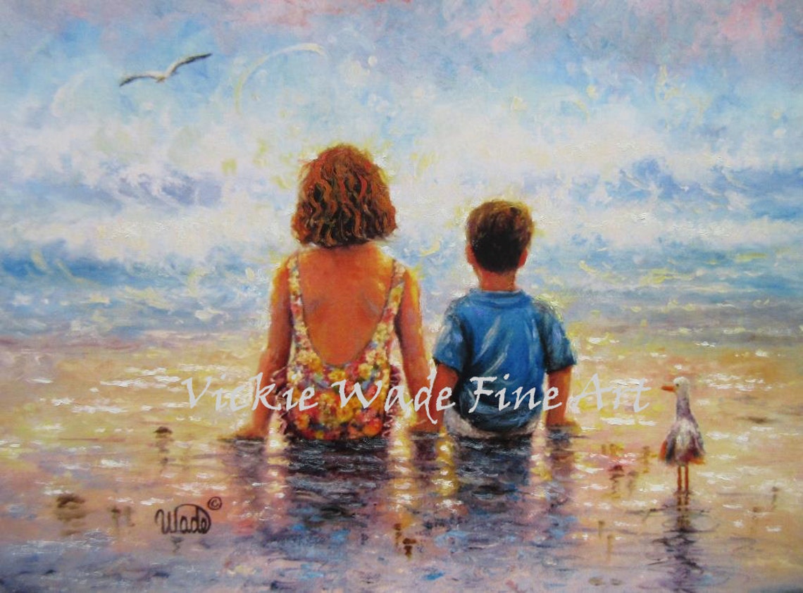 Brother And Sister Watching Ocean Waves On The Beach Art Poster - Image 4