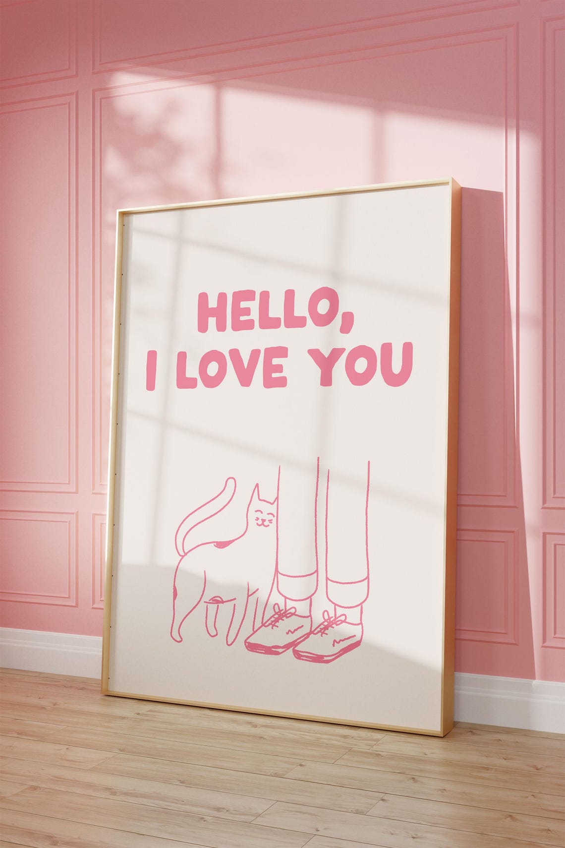 Hello I Love You Pink Cat Line Drawing Funny Cat Lover Poster - Image 2