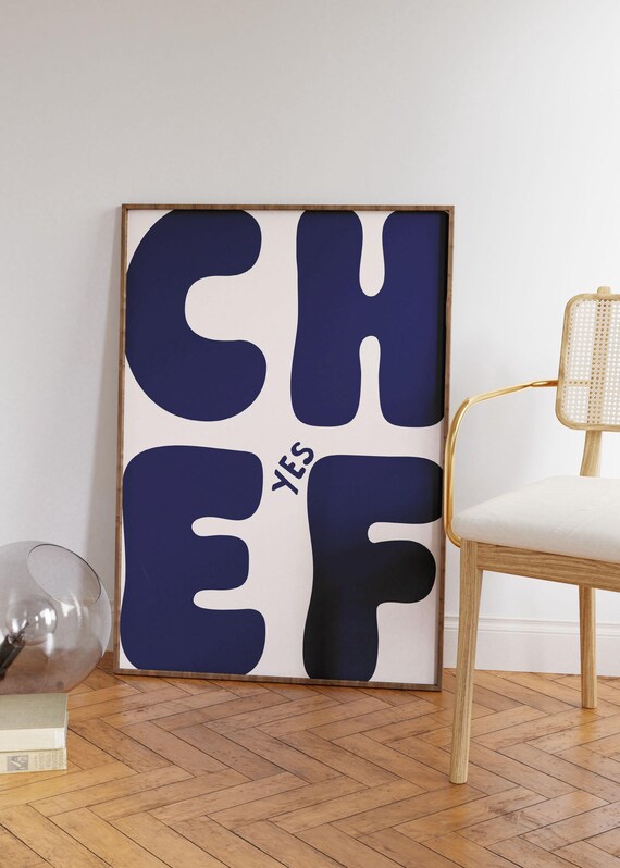 Yes Chef Art Print Retro Bold Navy Blue Typography Kitchen Decor Wall Poster