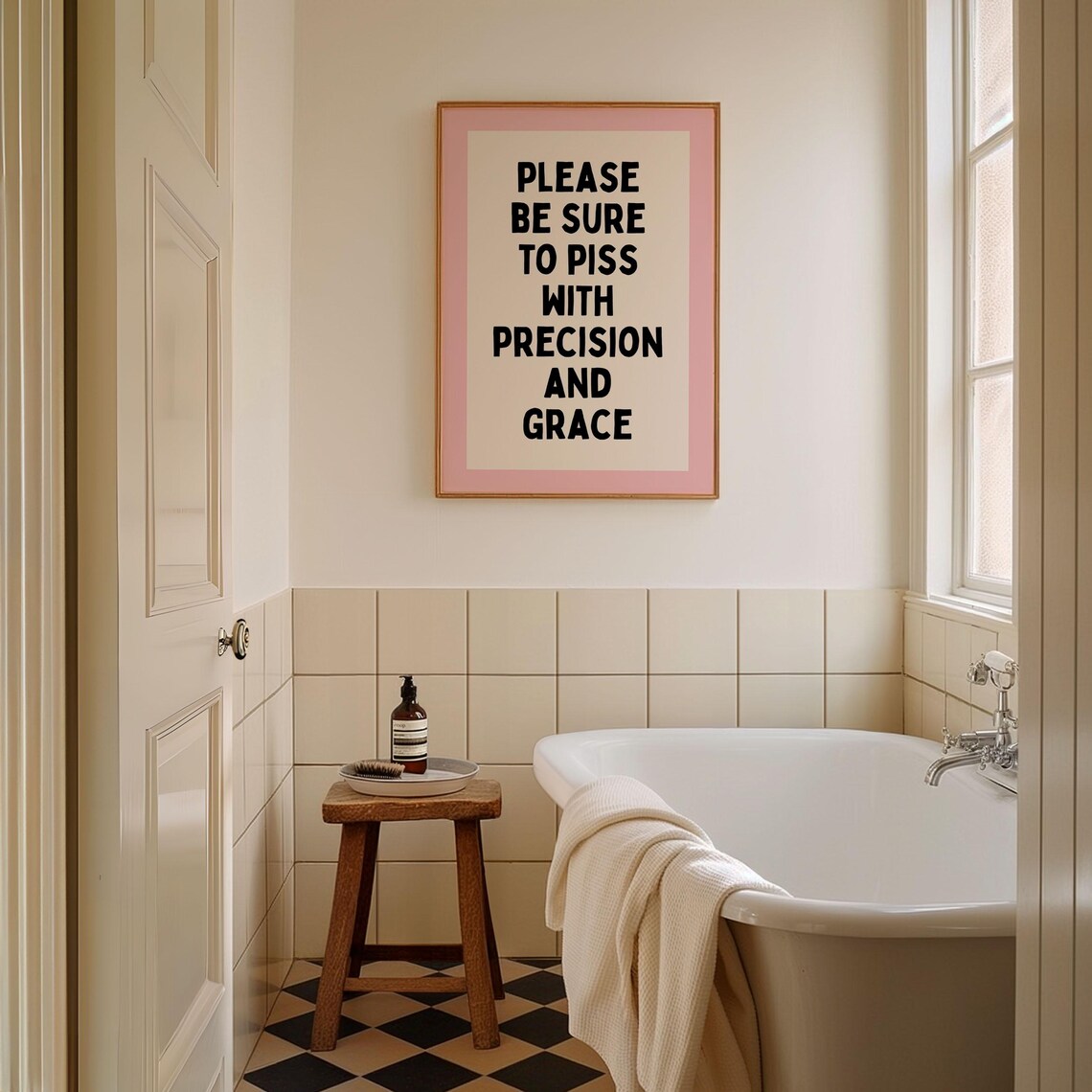 Please Piss With Precision and Grace Funny Bathroom Pink Quote Poster - Image 2