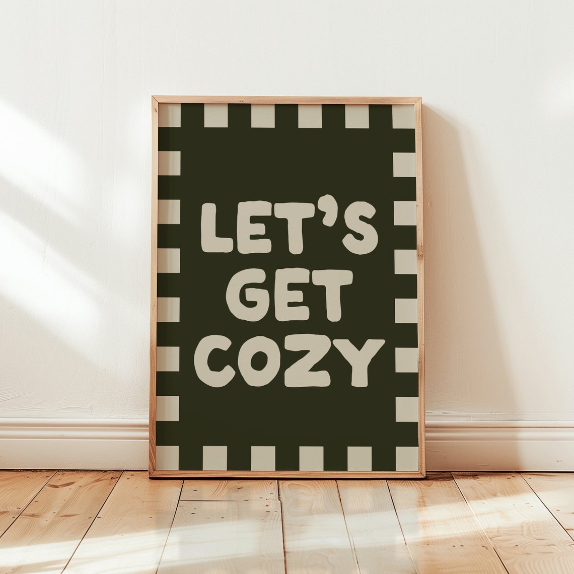Lets Get Cozy Cream on Dark Green Checker Fall Typography Poster - Image 2