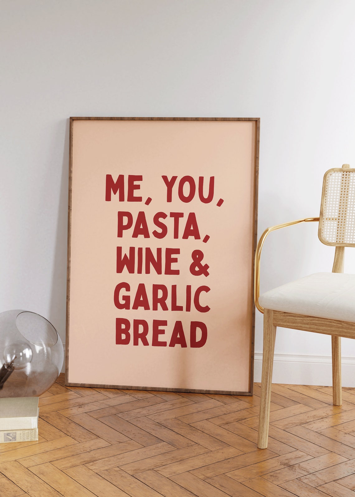 Me You Pasta Wine And Garlic Bread Red Bold Kitchen Quote Poster