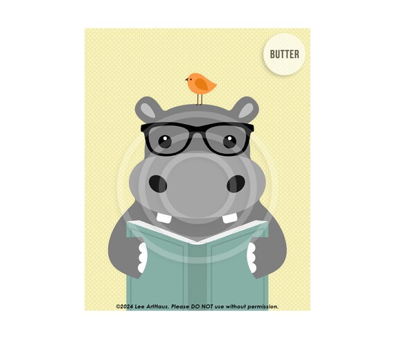 Cute Hippo Reading Book With Glasses Yellow Zoo Animal Nursery Kids Poster