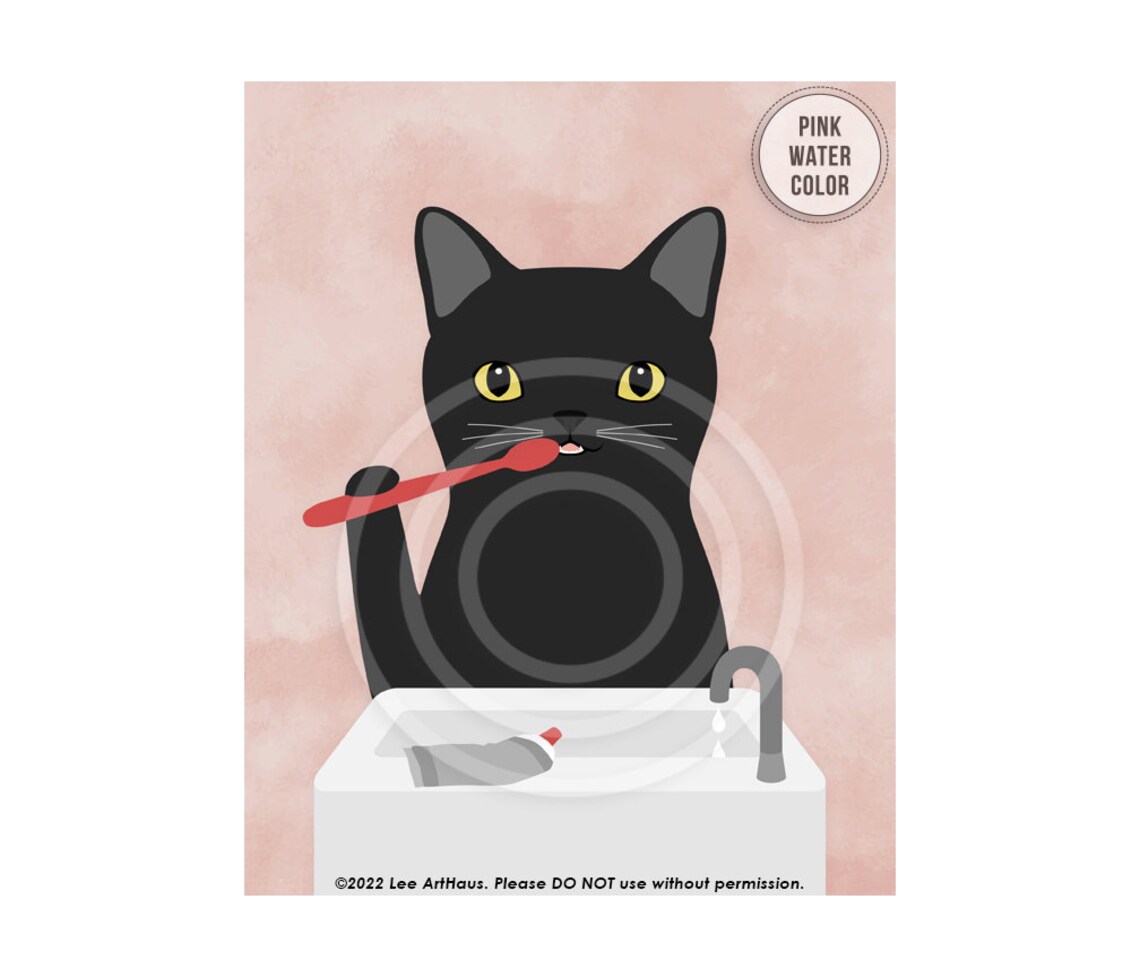 Black Cat Brushing Teeth Yellow Eyes Pink Watercolor Funny Bathroom Poster