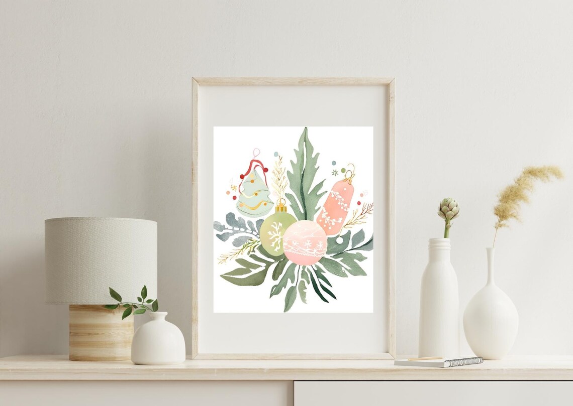 Pastel Christmas Ornaments Watercolor With Soft Green Leaves Poster