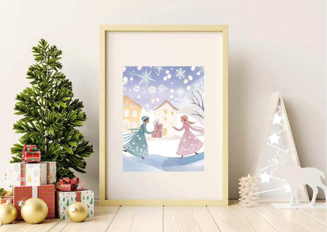 Pastel Christmas Gift Giving Snowy Village Scene Nursery Wall Art