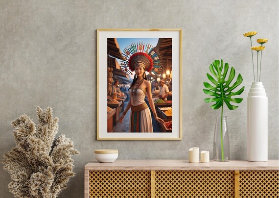 Oriental Goddess Traditional Fan Headdress Market Woman Portrait Print