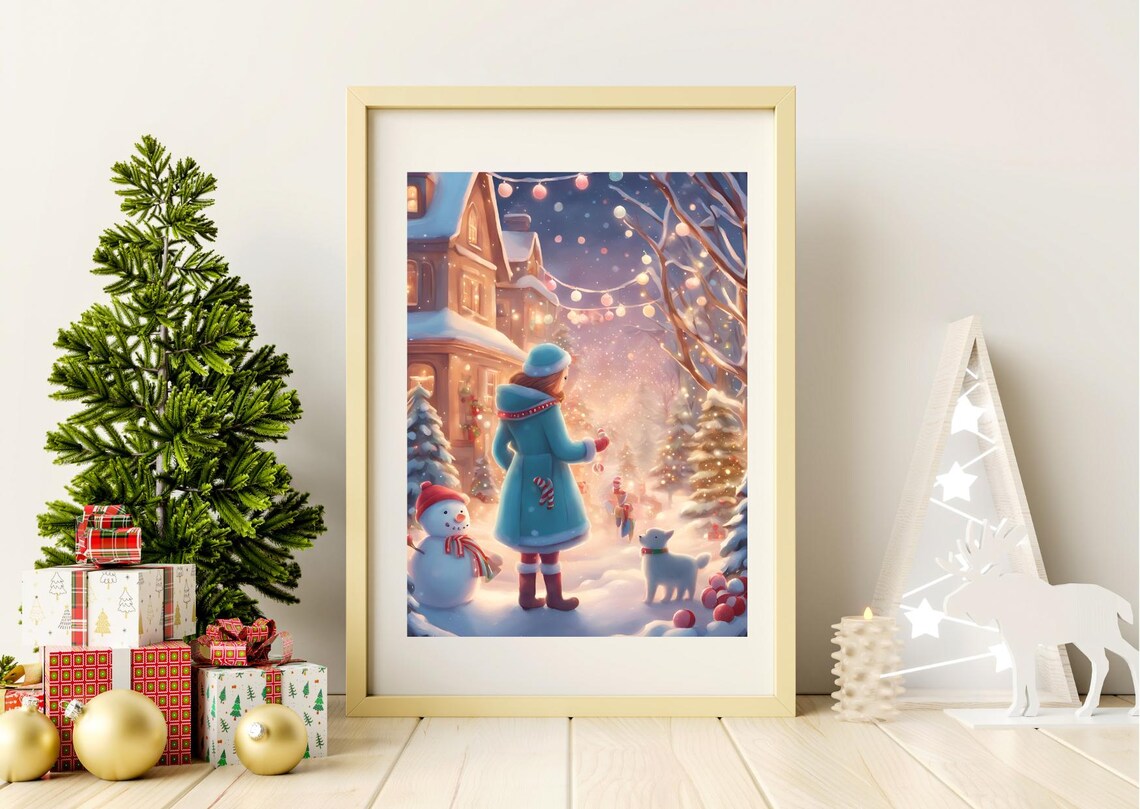 Girl Walking Snowy Village Street At Dusk With Snowman Poster