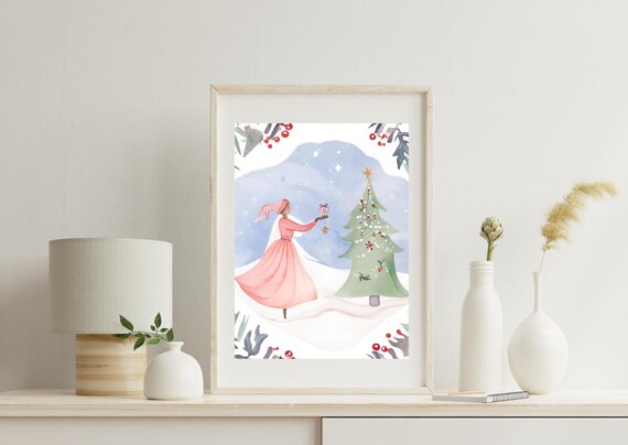 Girl Decorating Christmas Tree Pastel Watercolor Nursery Wall Art