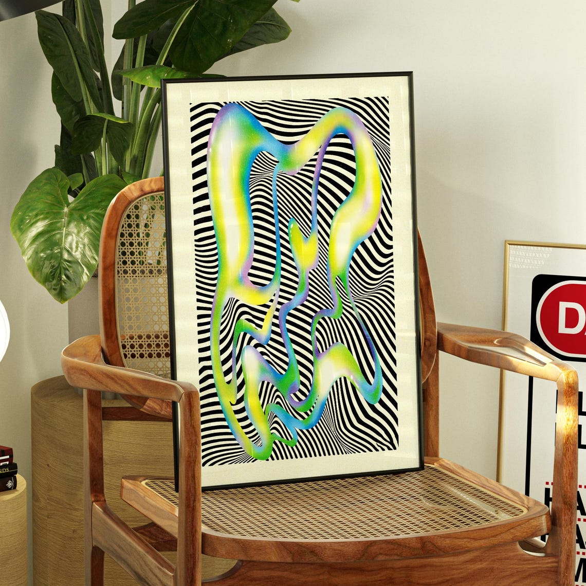Neon Psychedelic Op Art Squiggle Black Zebra Stripe Abstract Poster