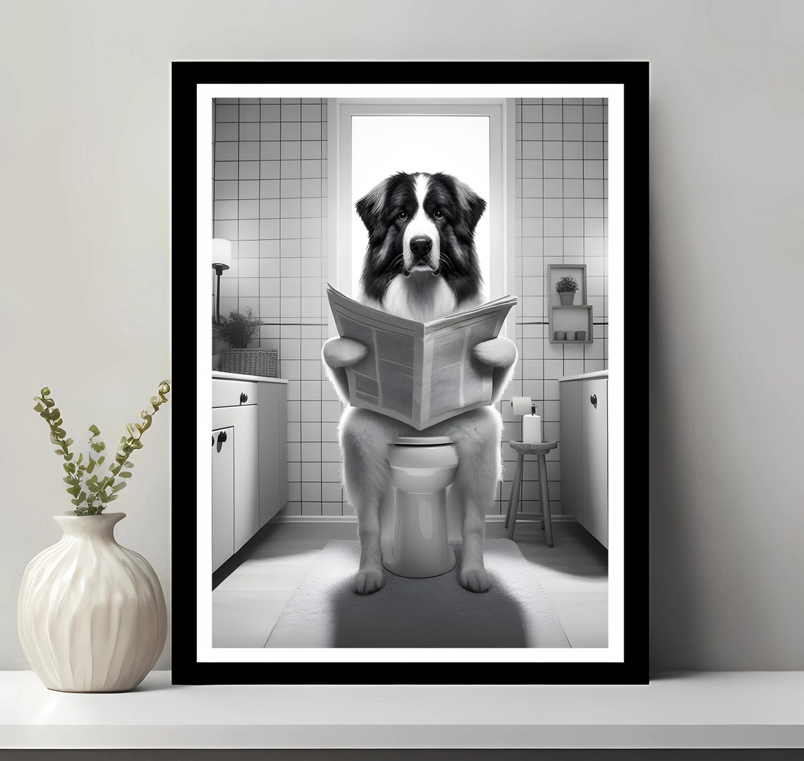 Bulgarian Shepherd Dog Reading Newspaper Toilet Funny Bathroom Poster