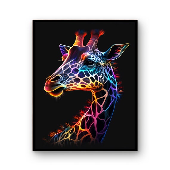 Colourful Neon Giraffe Wall Art Print Wild Life Gift Animals Decor Nursery Animal Painting Colorful