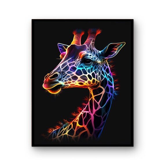 Neon Giraffe Head Profile Glowing Spots Black Background Poster