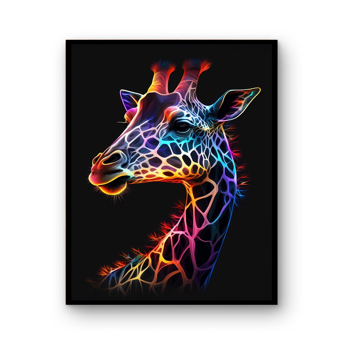 Neon Giraffe Head Profile Glowing Spots Black Background Poster