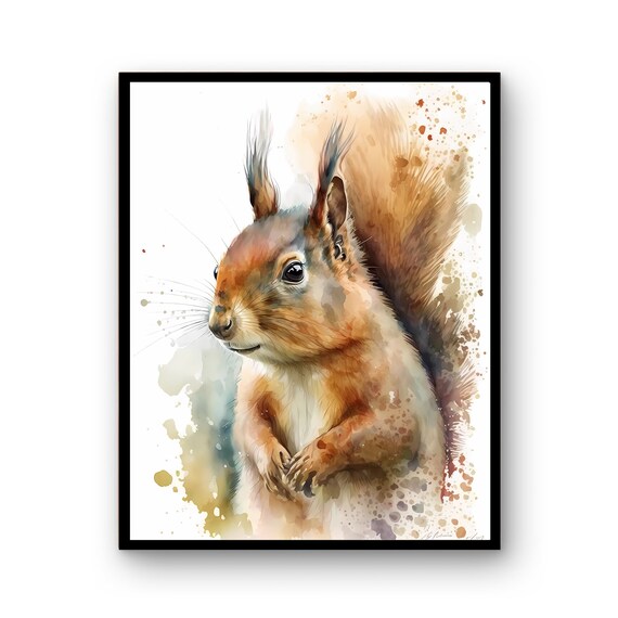 Red Squirrel Watercolor Painting Cute Woodland Animal Nursery Poster