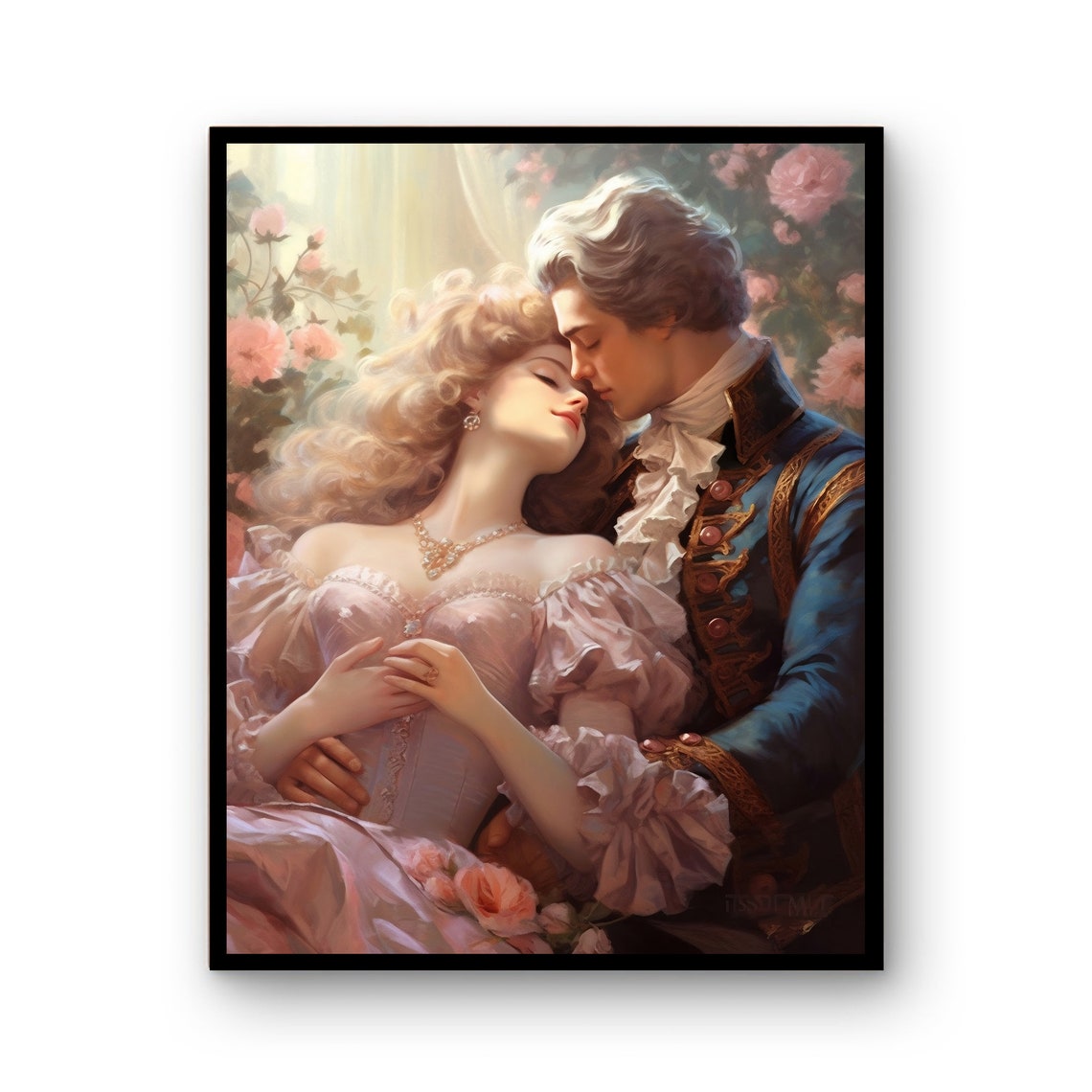 Romantic Baroque Couple Embracing Among Roses Classical Love Poster