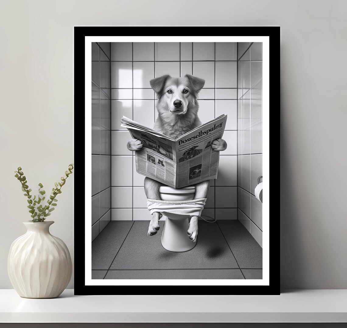 Cute Dog Reading Newspaper on Toilet Funny Bathroom Photo Poster